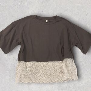 : : NEW Cropped Tee T-shirt with Lace Trim : :